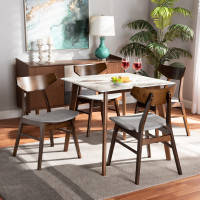 Baxton Studio Pearson-SmokeWalnut-5PC Dining Set Baxton Studio Pearson Mid-Century Modern Transitional Light Grey Fabric Upholstered and Walnut Brown Finished Wood with Faux Marble Table